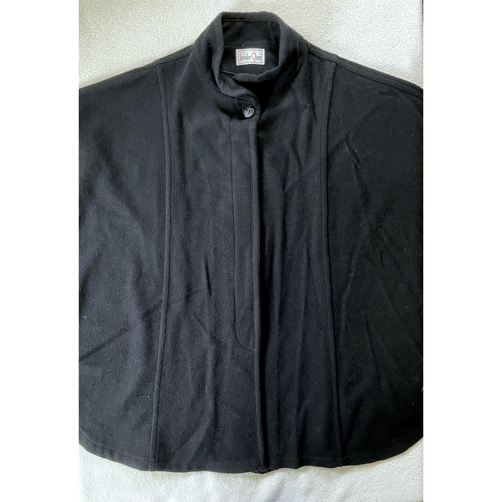 90s Made in USA Jennifer Chase Womens 10 Cape Coat Black Wool Blend Funnel Neck